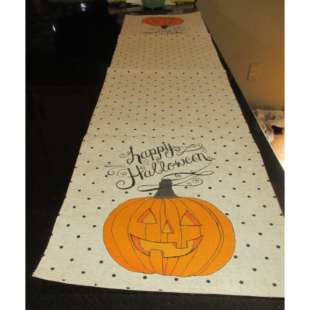 Midnight Market Happy Halloween Pumpkin Burlap Table Runner Primitive Distressed